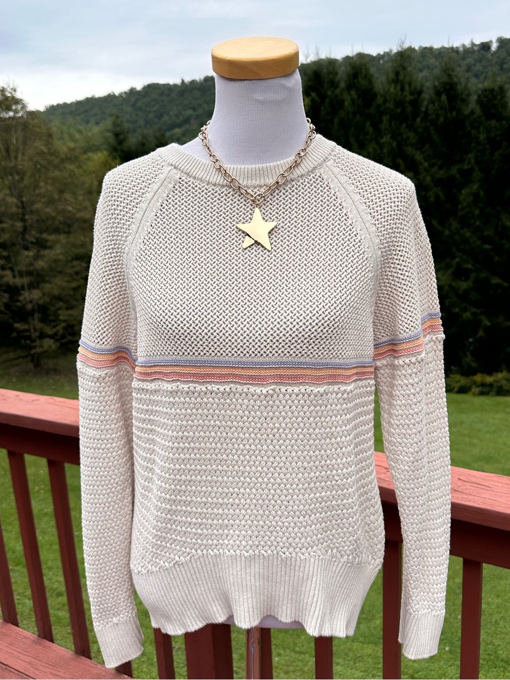 Spiritual Gangster Cream Crewneck Cotton Stripe Sweater